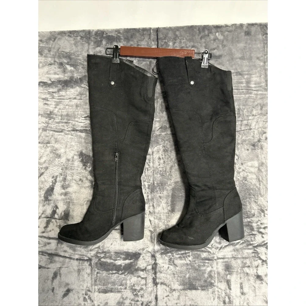 SO Zandra Women's 9 Knee Tall Faux Suede Black Boots Block Heel Round Toe Zipper
